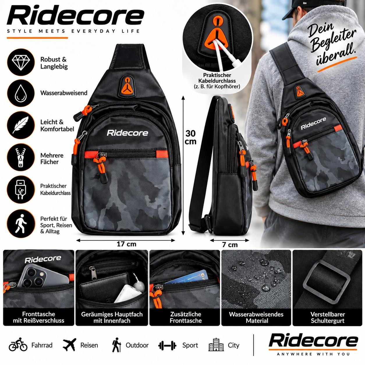 RideCore Brusttasche Schwarz, getragen